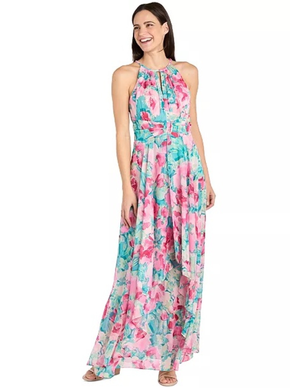 R & M Richards Pink & Teal Floral Halter Maxi Dress